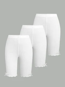 SHEIN Tween Girl Tween Girl 3PCS Tween Girl Solid Color Bow Decor Elastic Waist Base Shorts - White - View 2