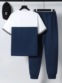 Vacaura 2件組青少年男款休閒街頭風寬鬆對比色拼接字母印花T恤與運動長褲套裝，Sixth Form 騎行風格，海軍藍，夏季 - 藍色 - 查看 2