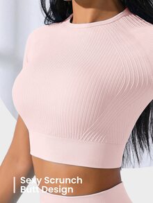 SHEIN Core Rhythm 2件套女士纯色纹理面料高弹塑身无缝运动套装健身服套装速干运动服女士运动套装女士健身套装女士两件套快速发货女士服装女士夏季两件套速干运动套装 - 藕粉色 - 查看 7