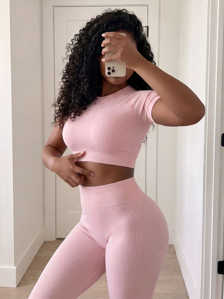 SHEIN Core Rhythm 2PCS/1SET Women's Solid Color Textured High Elasticity Shapewear Seamless Sports Set,Light Pink Summer Athleisure Gym Quick Dry 4-Way Stretch Outfit - Dusty Pink - View 3