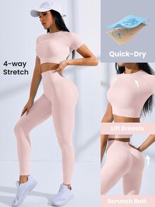 SHEIN Core Rhythm 2件套女士纯色纹理面料高弹塑身无缝运动套装健身服套装速干运动服女士运动套装女士健身套装女士两件套快速发货女士服装女士夏季两件套速干运动套装 - 藕粉色 - 查看 5