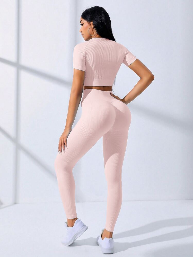 SHEIN Core Rhythm 2PCS/1SET Women's Solid Color Textured High Elasticity Shapewear Seamless Sports Set,Light Pink Summer Athleisure Gym Quick Dry 4-Way Stretch Outfit - Dusty Pink - View 7