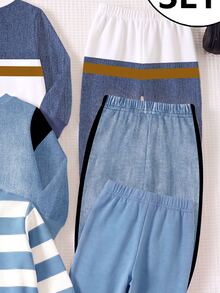 3 Sets Baby Boy Autumn Winter Long Sleeve Sweatshirt Set Striped Bear Letter Print Blue White Colorblock School Outfit - Multicolor - View 3