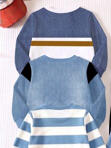3 Sets Baby Boy Autumn Winter Long Sleeve Sweatshirt Set Striped Bear Letter Print Blue White Colorblock School Outfit - Multicolor - View 4