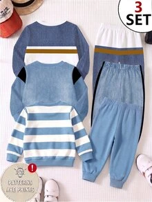 3 Sets Baby Boy Autumn Winter Long Sleeve Sweatshirt Set Striped Bear Letter Print Blue White Colorblock School Outfit - Multicolor - View 2