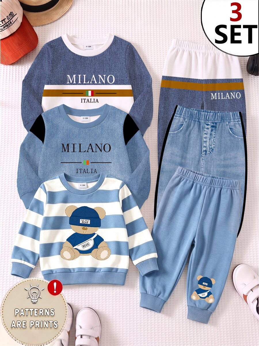 3 Sets Baby Boy Autumn Winter Long Sleeve Sweatshirt Set Striped Bear Letter Print Blue White Colorblock School Outfit - Multicolor - View 1