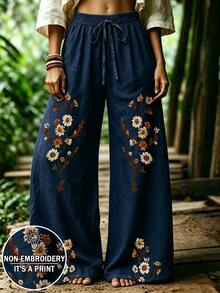 Bytebia Bytebia Plus Size Bohemian Style Coffee Color Daisy Faux Embroidery Long Pants, Summer Vintage Pastoral High Waist Elastic Waist Loose Drape Wide Leg Pants - Multicolor - View 1