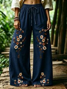 Bytebia Bytebia Plus Size Bohemian Style Coffee Color Daisy Faux Embroidery Long Pants, Summer Vintage Pastoral High Waist Elastic Waist Loose Drape Wide Leg Pants - Multicolor - View 3