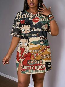 Slaydiva Betty Boop x SHEIN Plus Size Spring/Summer Casual Pink Short-Sleeved Dress With Side Slit And Open Shoulder Design. Street Style Women's Clothing, 2026 Spring/Summer New Arrivals, Basic, - Multicolor - View 4