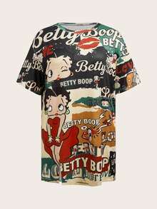 Slaydiva Betty Boop x SHEIN Plus Size Spring/Summer Casual Pink Short-Sleeved Dress With Side Slit And Open Shoulder Design. Street Style Women's Clothing, 2026 Spring/Summer New Arrivals, Basic, - Multicolor - View 5