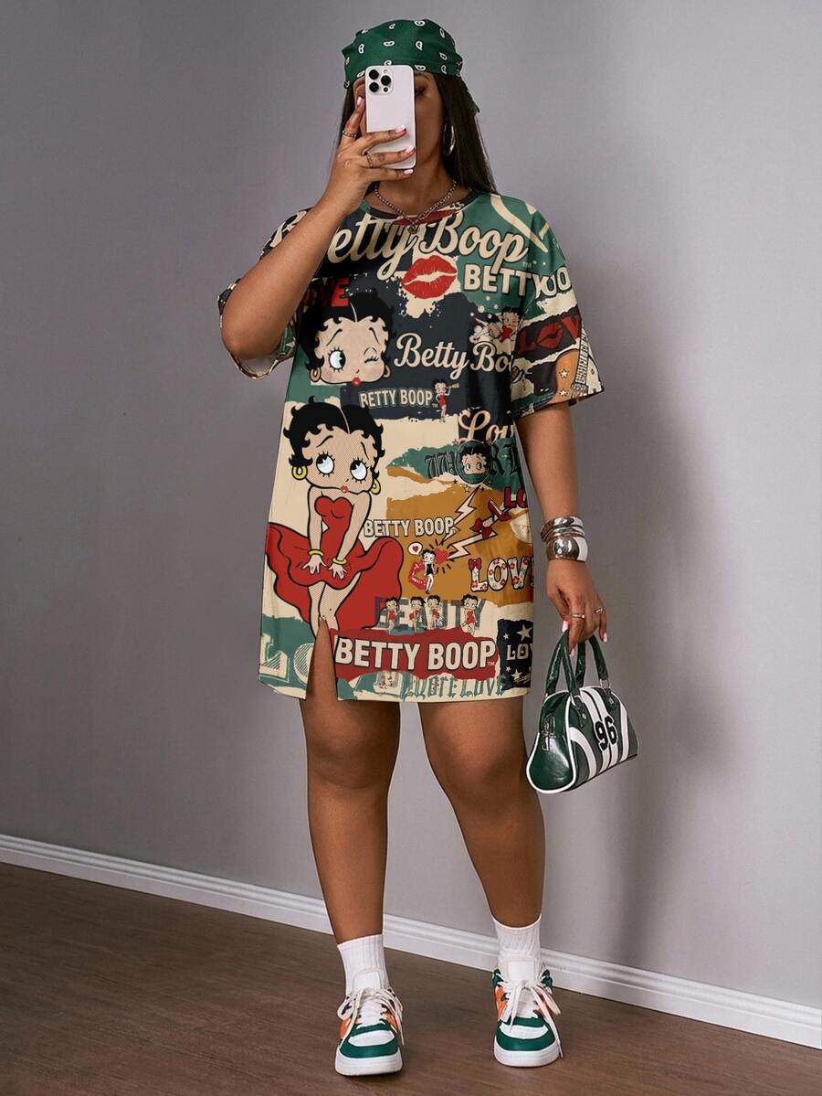 Slaydiva Betty Boop x SHEIN Plus Size Spring/Summer Casual Pink Short-Sleeved Dress With Side Slit And Open Shoulder Design. Street Style Women's Clothing, 2026 Spring/Summer New Arrivals, Basic,
