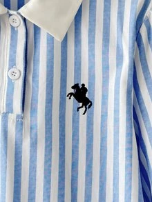 SHEIN 兒童青少年女孩對比藍白條紋襯衫領長袖 Logo 印花寬鬆 A 字中長洋裝 返校季風格 - 藍白色 - 查看 7