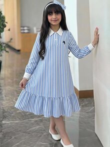 SHEIN 兒童青少年女孩對比藍白條紋襯衫領長袖 Logo 印花寬鬆 A 字中長洋裝 返校季風格 - 藍白色 - 查看 8
