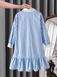 SHEIN 兒童青少年女孩對比藍白條紋襯衫領長袖 Logo 印花寬鬆 A 字中長洋裝 返校季風格 - 藍白色 - 查看 5