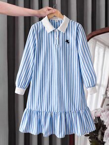 SHEIN 兒童青少年女孩對比藍白條紋襯衫領長袖 Logo 印花寬鬆 A 字中長洋裝 返校季風格 - 藍白色 - 查看 4