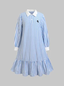SHEIN 兒童青少年女孩對比藍白條紋襯衫領長袖 Logo 印花寬鬆 A 字中長洋裝 返校季風格 - 藍白色 - 查看 3