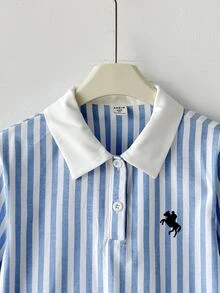 SHEIN 兒童青少年女孩對比藍白條紋襯衫領長袖 Logo 印花寬鬆 A 字中長洋裝 返校季風格 - 藍白色 - 查看 6