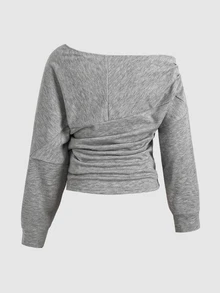 SHEIN 青少年女孩純色百褶不對稱領長袖套頭運動衫 - 灰色 - 查看 5