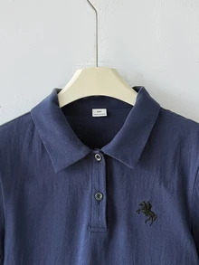 SHEIN Tween Girl Navy Blue Polo Collar Embroidered Pattern Ruffle Hem Casual Dress, Back To School - Navy Blue - View 9