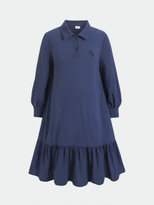 SHEIN Tween Girl Navy Blue Polo Collar Embroidered Pattern Ruffle Hem Casual Dress, Back To School - Navy Blue - View 3