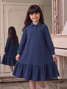 SHEIN Tween Girl Navy Blue Polo Collar Embroidered Pattern Ruffle Hem Casual Dress, Back To School - Navy Blue - View 2