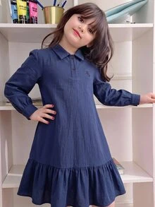 SHEIN Tween Girl Navy Blue Polo Collar Embroidered Pattern Ruffle Hem Casual Dress, Back To School - Navy Blue - View 4