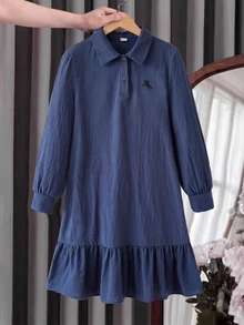 SHEIN Tween Girl Navy Blue Polo Collar Embroidered Pattern Ruffle Hem Casual Dress, Back To School - Navy Blue - View 7