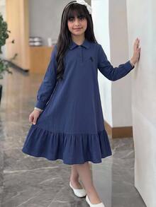 SHEIN Tween Girl Navy Blue Polo Collar Embroidered Pattern Ruffle Hem Casual Dress, Back To School - Navy Blue - View 6