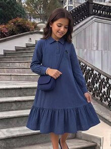 SHEIN Tween Girl Navy Blue Polo Collar Embroidered Pattern Ruffle Hem Casual Dress, Back To School - Navy Blue - View 5