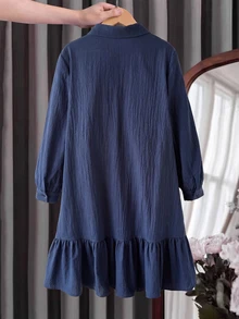 SHEIN Tween Girl Navy Blue Polo Collar Embroidered Pattern Ruffle Hem Casual Dress, Back To School - Navy Blue - View 8