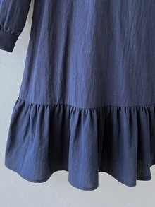 SHEIN Tween Girl Navy Blue Polo Collar Embroidered Pattern Ruffle Hem Casual Dress, Back To School - Navy Blue - View 12