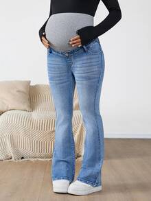 SHEIN Maternity Casual/Commute Color Block High Waist Flare Jeans Autumn Outfit For Women - Blue - View 6