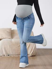 SHEIN Maternity Casual/Commute Color Block High Waist Flare Jeans Autumn Outfit For Women - Blue - View 4