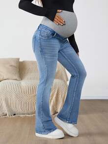 SHEIN Maternity Casual/Commute Color Block High Waist Flare Jeans Autumn Outfit For Women - Blue - View 3
