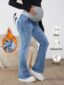 SHEIN Maternity Casual/Commute Color Block High Waist Flare Jeans Autumn Outfit For Women - Blue - View 1