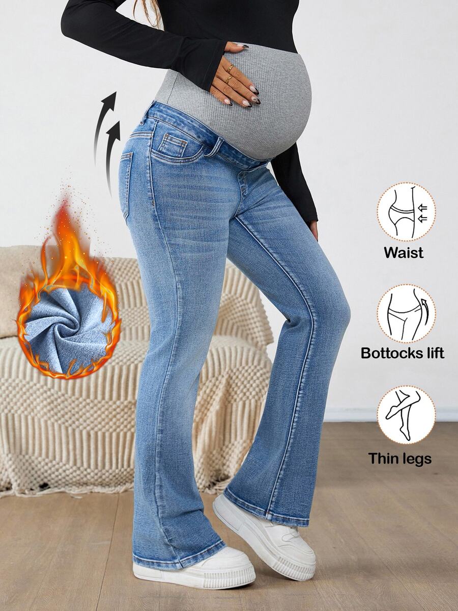 SHEIN Maternity Casual/Commute Color Block High Waist Flare Jeans Autumn Outfit For Women - Blue - View 1