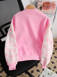 青少年女孩熊圖案拼接簡約休閒棒球夾克，秋冬聖誕節/萬聖節 - 粉色 - 查看 10