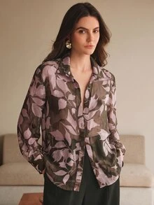 Anewsta Women's Elegant Floral Print Blouse,Pink And Brown,Spring And Summer,Office,Versatile For Vacation,Summer,Fall,Winter,Spring,New Year,Party,Wedding - Pink - View 4