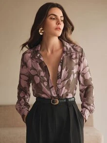 Anewsta Women's Elegant Floral Print Blouse,Pink And Brown,Spring And Summer,Office,Versatile For Vacation,Summer,Fall,Winter,Spring,New Year,Party,Wedding - Pink - View 5