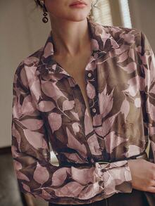 Anewsta Women's Elegant Floral Print Blouse,Pink And Brown,Spring And Summer,Office,Versatile For Vacation,Summer,Fall,Winter,Spring,New Year,Party,Wedding - Pink - View 2