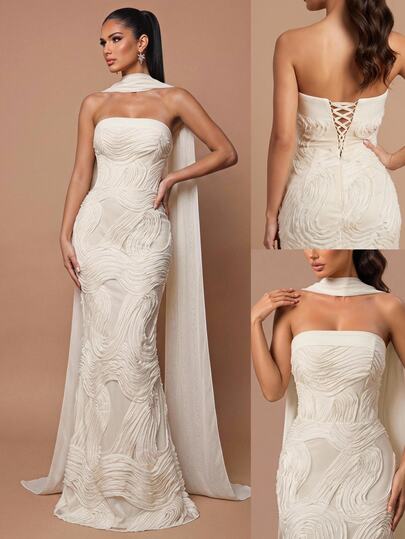 Glamrae Elegant Luxury 3D Floral Mesh Embroidered Strapless Slim Fit Straight Long Dress With Detachable Strapless Flounce, Suitable For Date, Vacation, Single, Birthday Party, Graduation, Back To School, Wedding, Event, Heavy Embellished Evening Gown