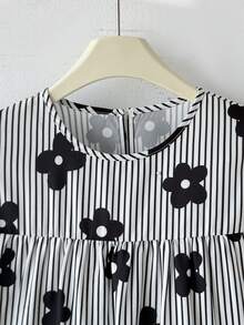 SHEIN 青少年女孩黑白條紋花卉印花圓領長袖寬鬆A字版型荷葉邊下擺休閒優雅學院風中長洋裝 - 黑與白 - 查看 6