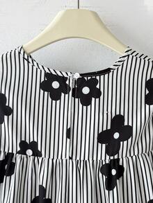 SHEIN 青少年女孩黑白條紋花卉印花圓領長袖寬鬆A字版型荷葉邊下擺休閒優雅學院風中長洋裝 - 黑與白 - 查看 8