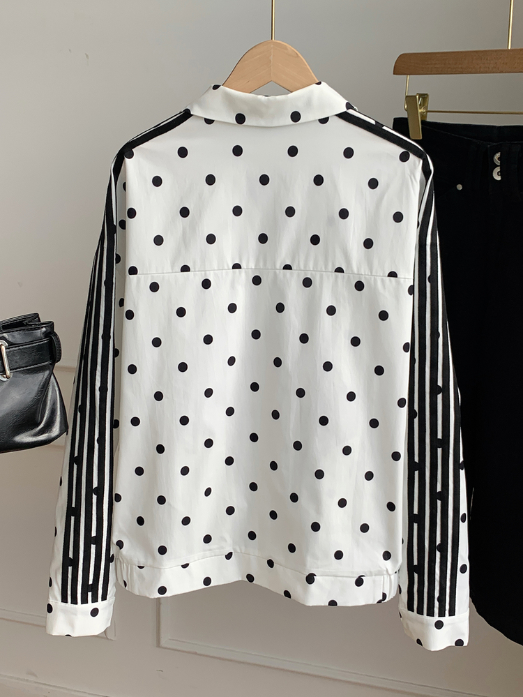 Comfortcana Women's Casual Polka Dot Print Contrast Color Striped Jacket, Autumn - Black and White - View 2