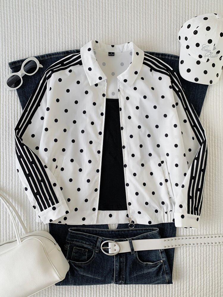 Comfortcana Women's Casual Polka Dot Print Contrast Color Striped Jacket, Autumn - Black and White - View 8