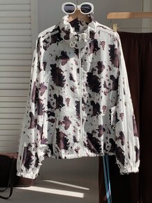 Comfortcana 秋冬女款潑墨牛奶圖案立領夾克長袖拉鍊防風外套,白色街頭風牛仔女孩旅行公路旅行穿搭 - 白色 - 查看 7