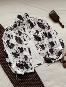 Comfortcana 秋冬女款潑墨牛奶圖案立領夾克長袖拉鍊防風外套,白色街頭風牛仔女孩旅行公路旅行穿搭 - 白色 - 查看 4