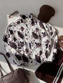 Comfortcana 秋冬女款潑墨牛奶圖案立領夾克長袖拉鍊防風外套,白色街頭風牛仔女孩旅行公路旅行穿搭 - 白色 - 查看 9