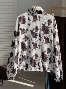 Comfortcana 秋冬女款潑墨牛奶圖案立領夾克長袖拉鍊防風外套,白色街頭風牛仔女孩旅行公路旅行穿搭 - 白色 - 查看 3