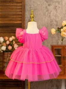 SHEIN Glamorique Kids 寶寶女孩茉莉公主生日派對婚禮節日裝，粉色亮晶晶的波點裝，鑲有寶石，適合舞臺，風格，夏季，輕巧，沙灘，熱帶，海邊遊戲 - 玫紅色 - 查看 2